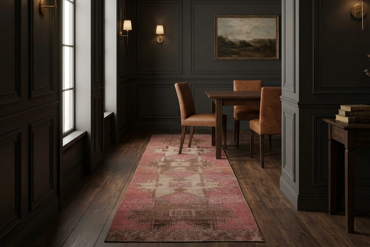Pink Turkish runner rug in a dining room