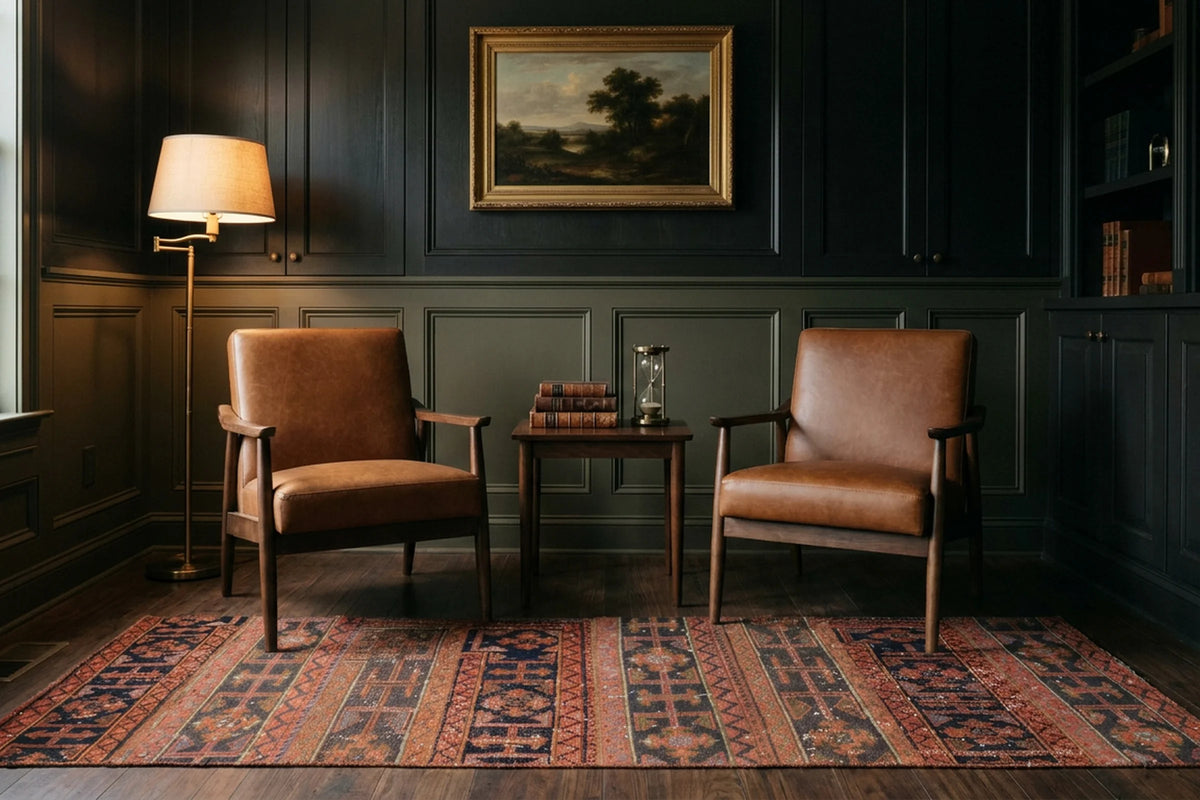 Red Turkish runner rug in a study