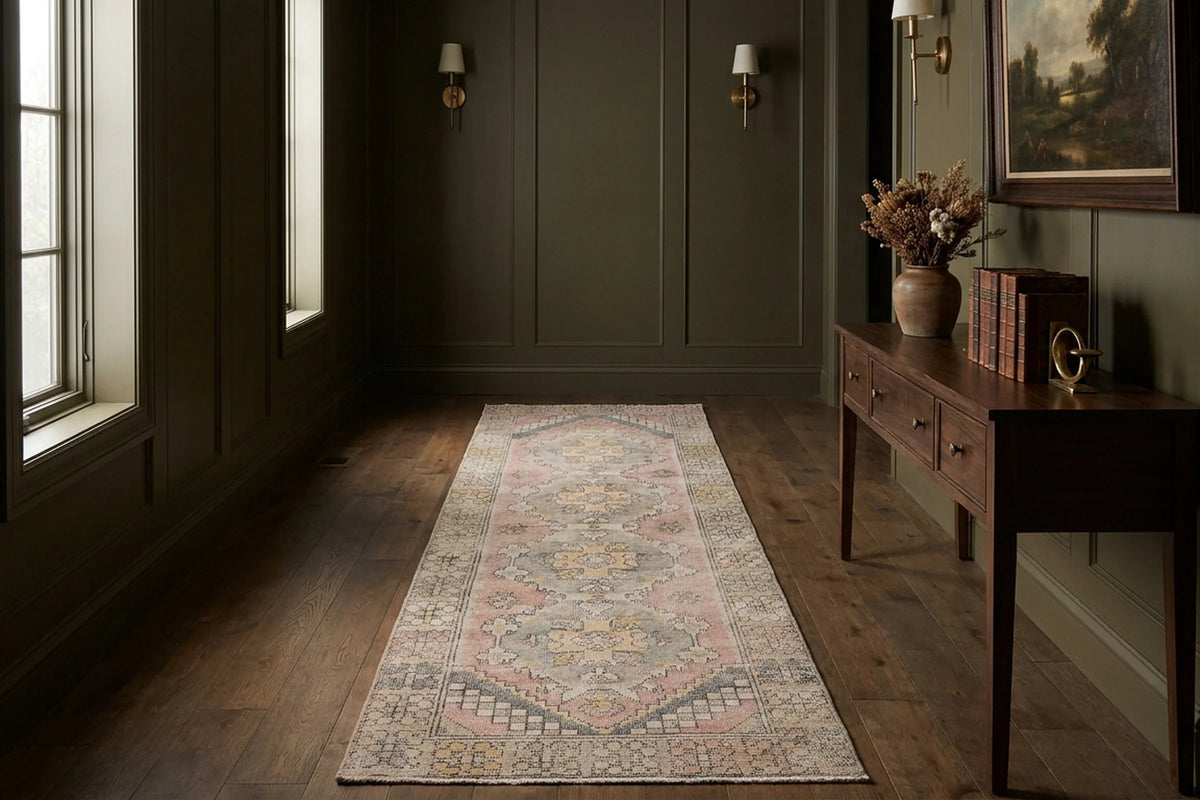 Beige Turkish runner rug in a styled room