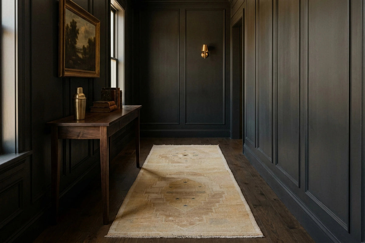 Beige Turkish runner rug in a styled room