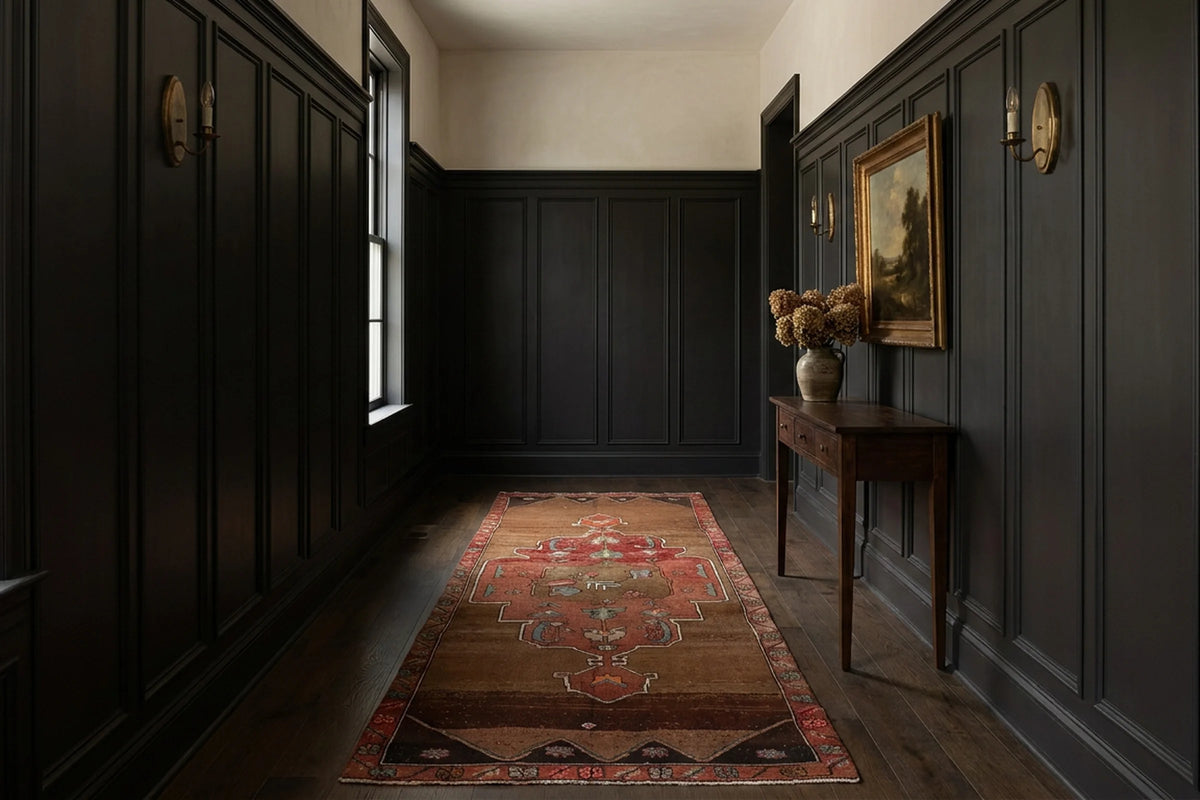 Brown Turkish runner rug in a corridor