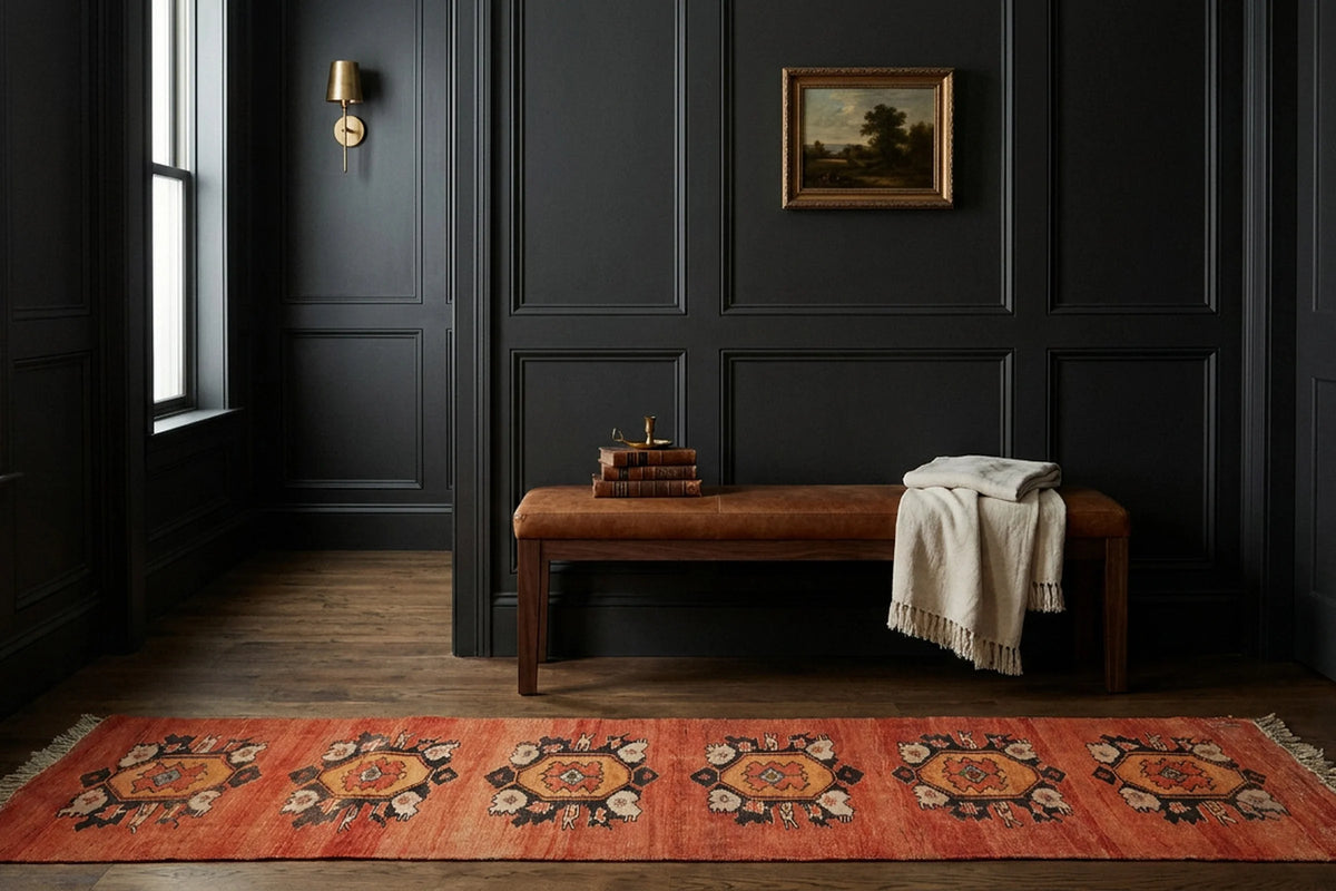 Orange Turkish runner rug in a styled room