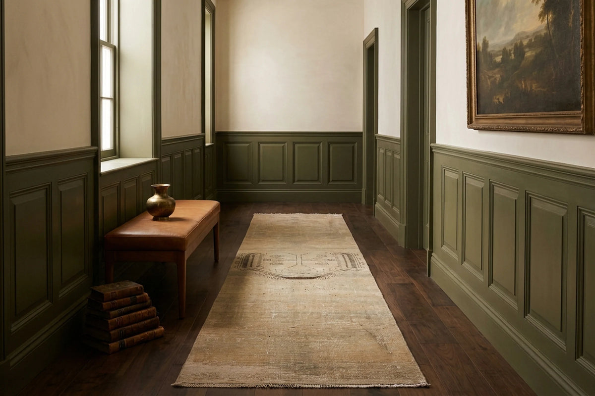 Beige Turkish runner rug in a hallway