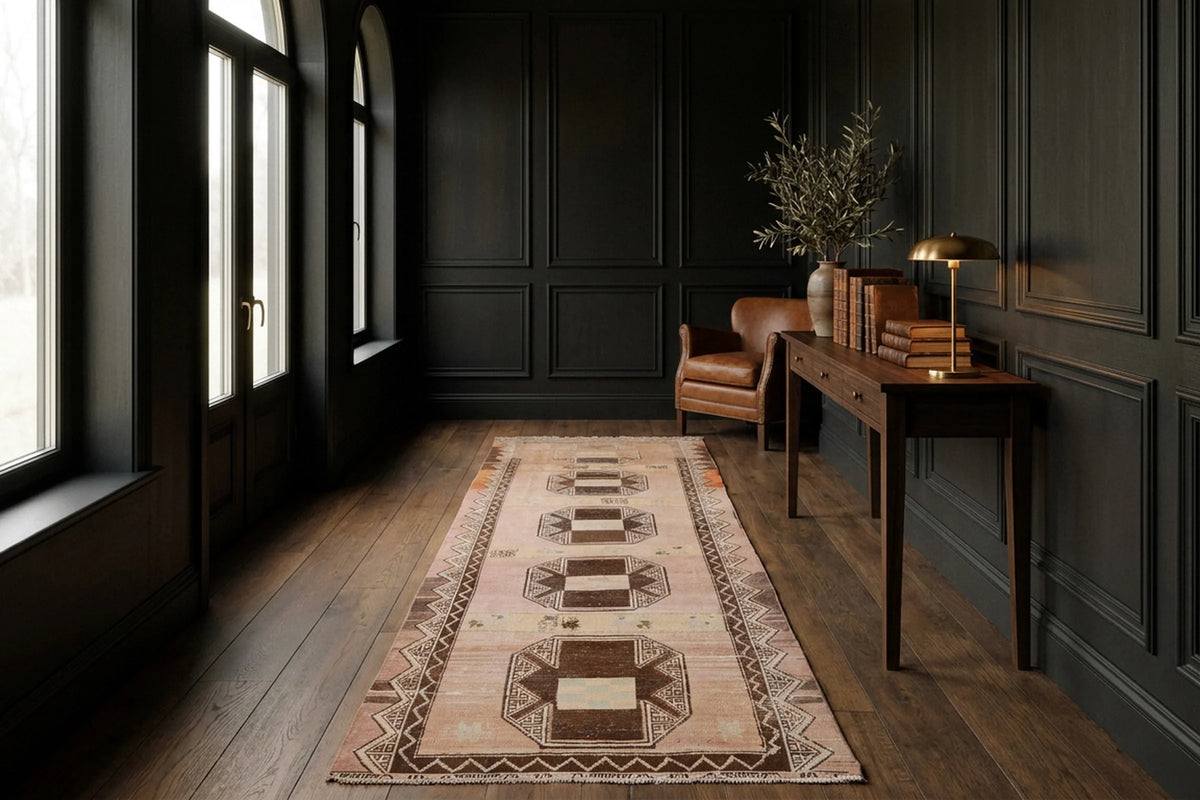 Brown Turkish runner rug in a conservatory