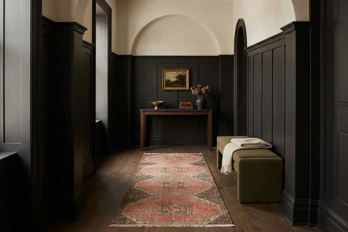 Red Turkish runner rug in a hallway
