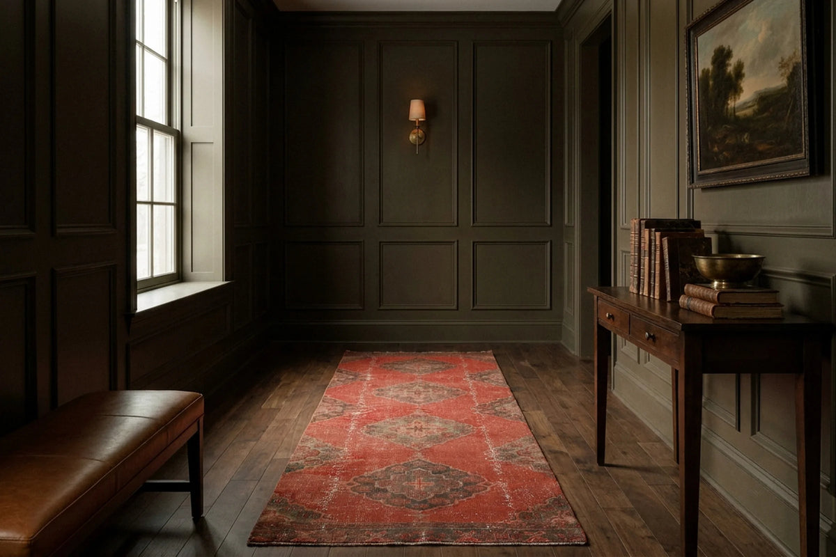 Red Turkish runner rug in a study