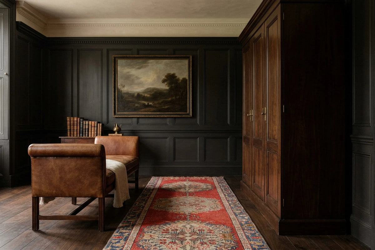 Red Turkish runner rug in a styled room