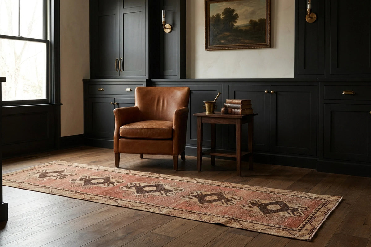 Brown Turkish runner rug in a styled room