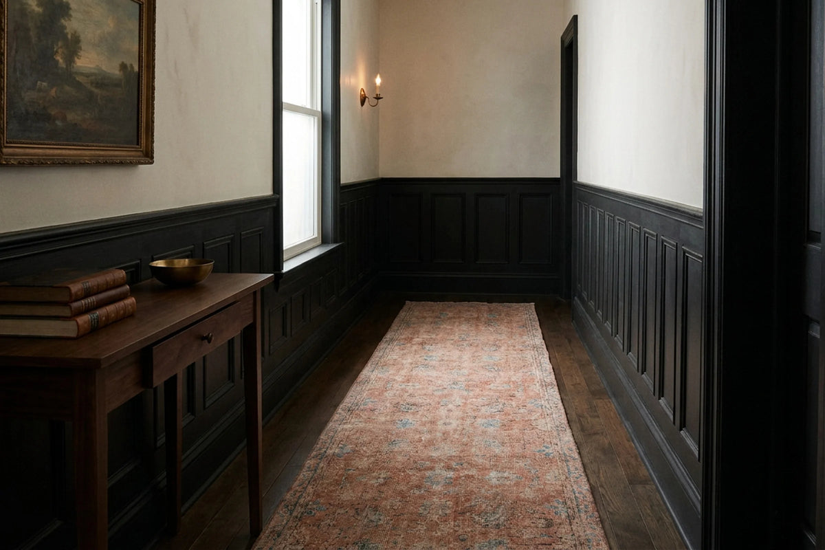 Pink Turkish runner rug in an entryway