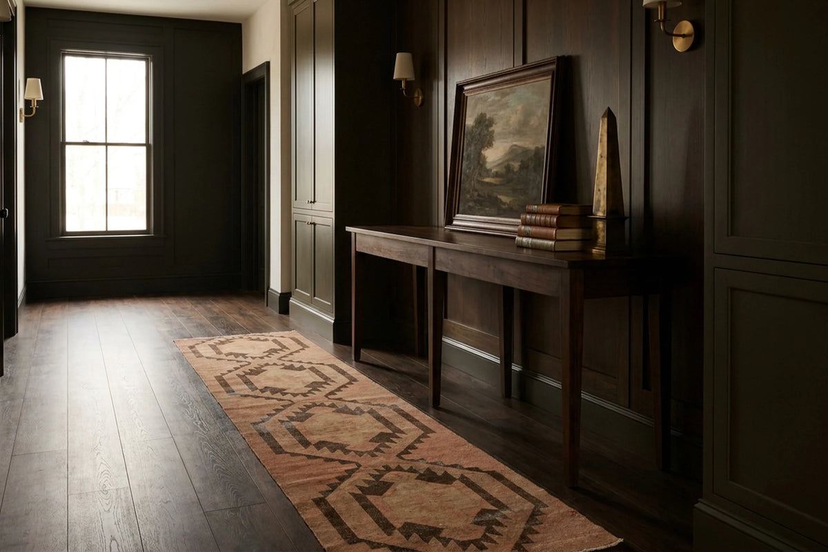 Beige Turkish runner rug in a styled room