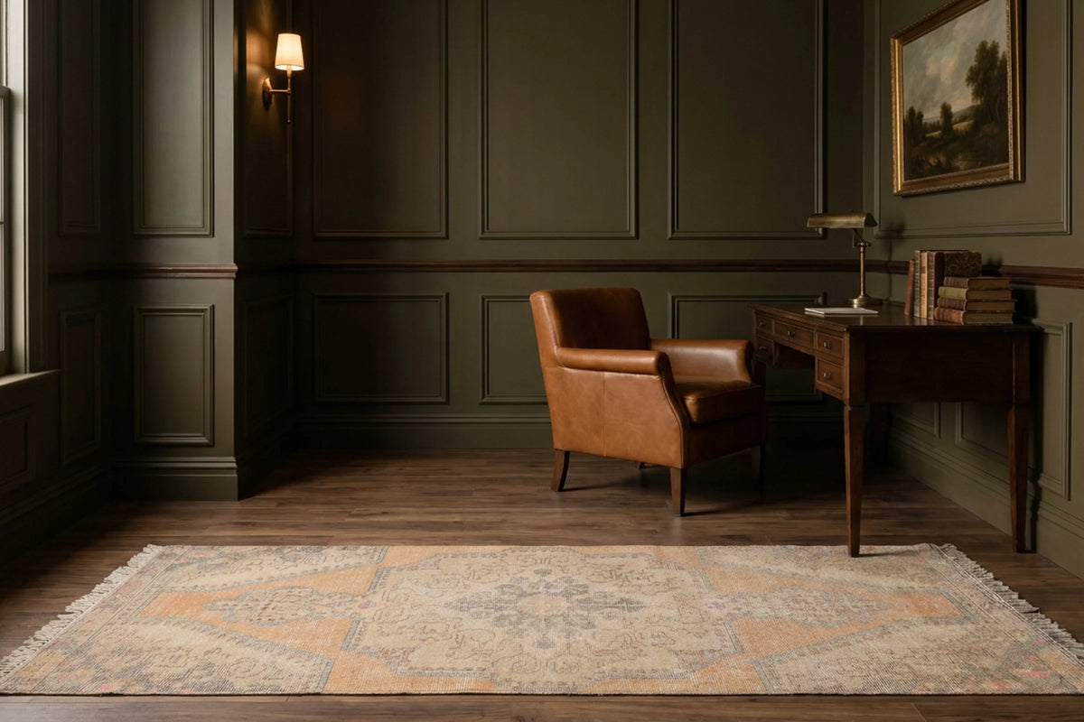 Orange Turkish runner rug in a study