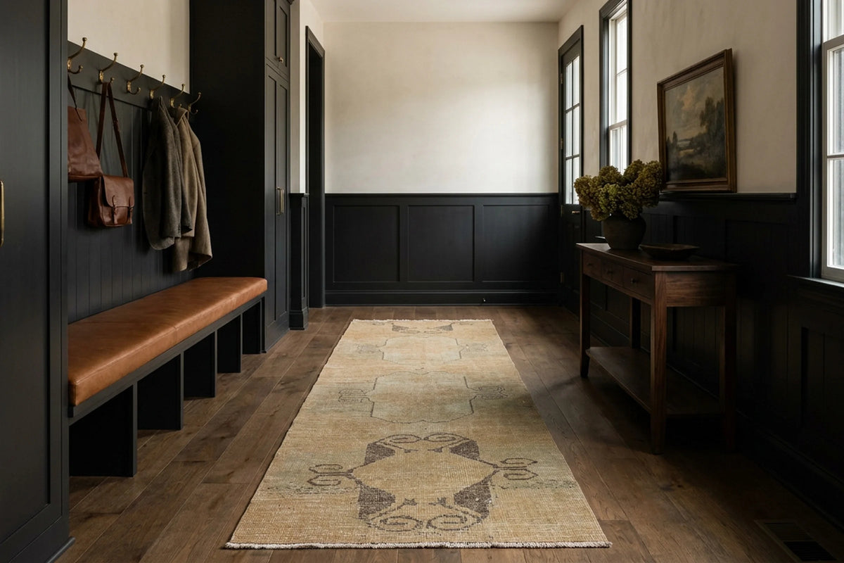 Beige Turkish runner rug in a styled room