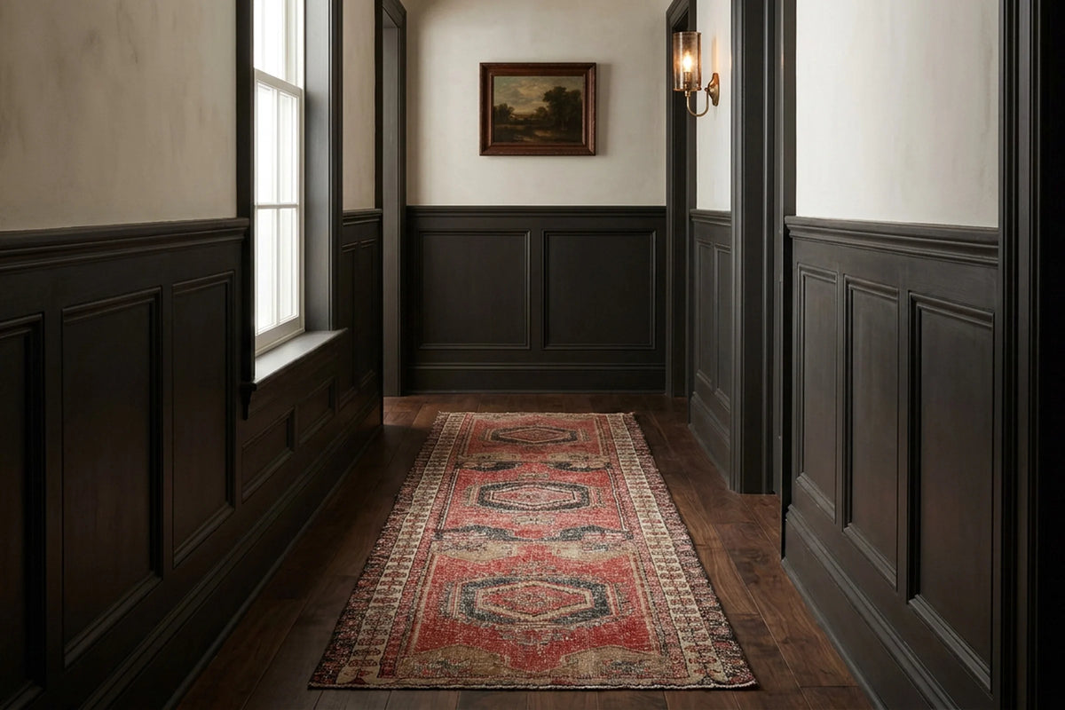 Red Turkish runner rug in a styled room