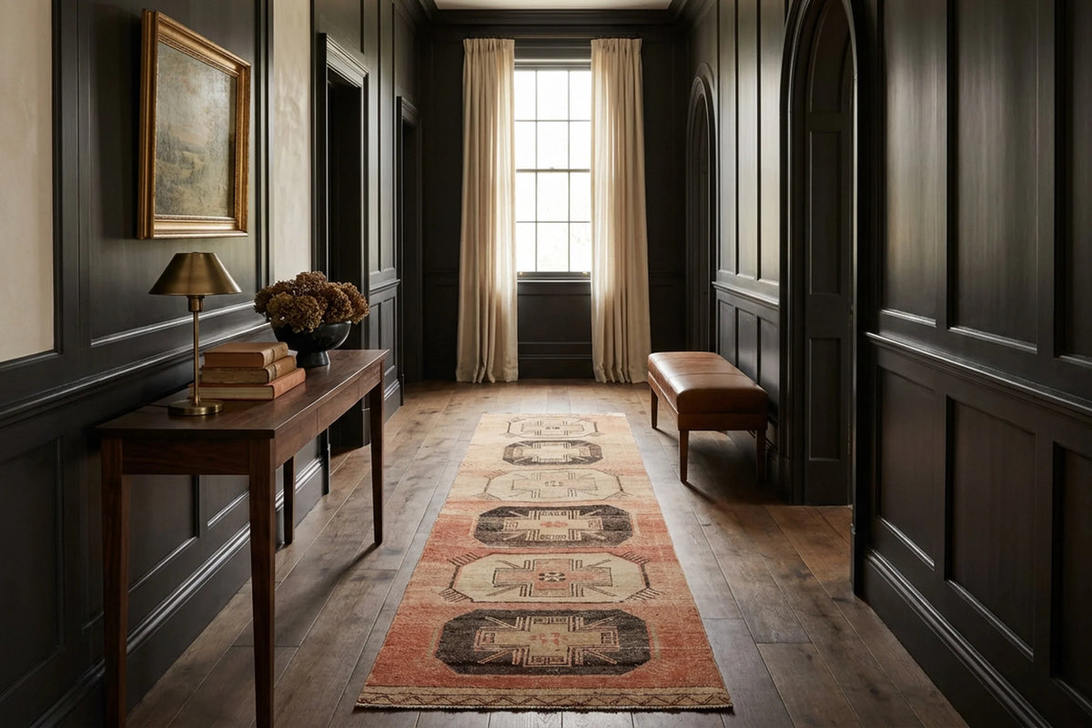 Brown Turkish runner rug in a landing