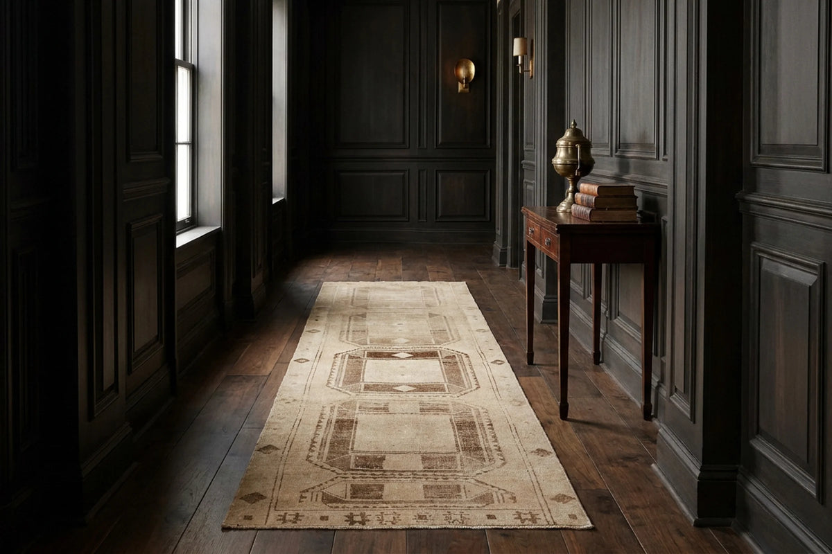 Beige Turkish runner rug in a library