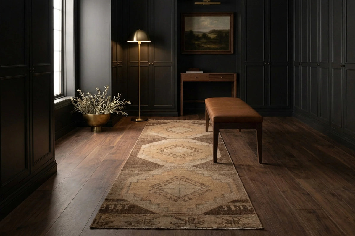 Beige Turkish runner rug in a styled room