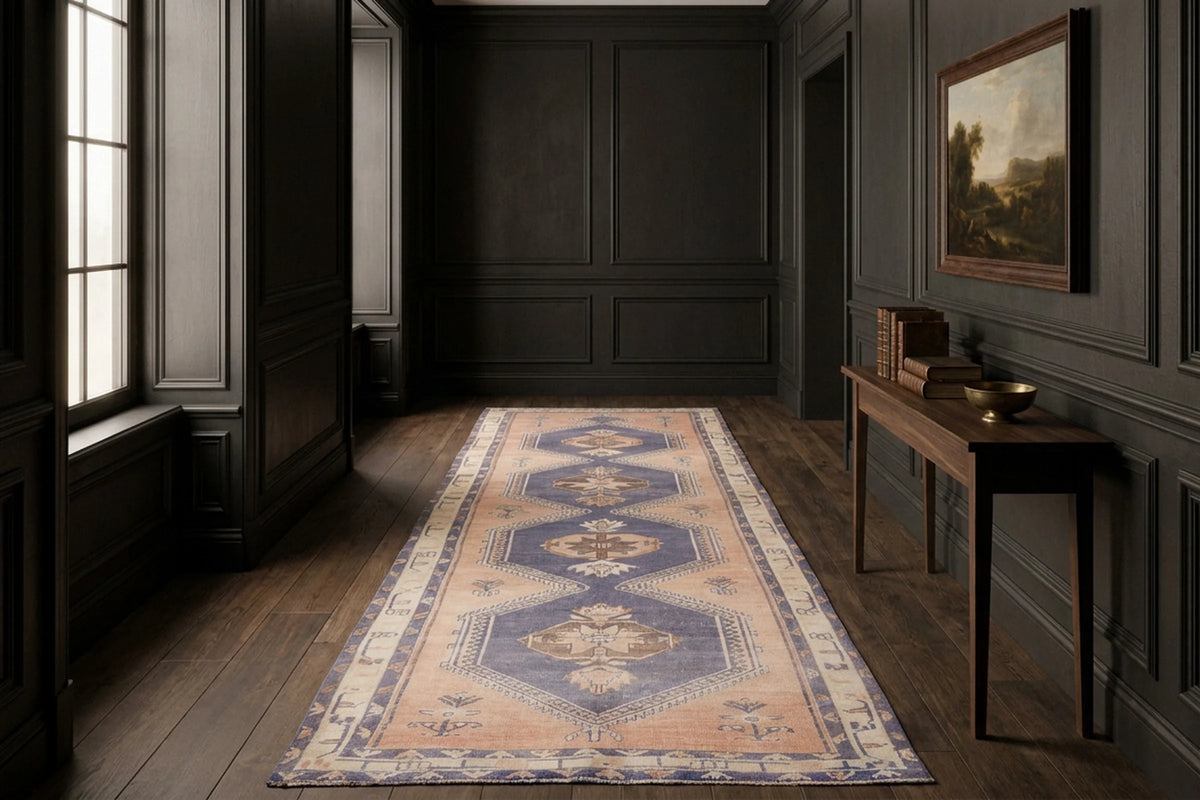 Orange Turkish runner rug in a corridor