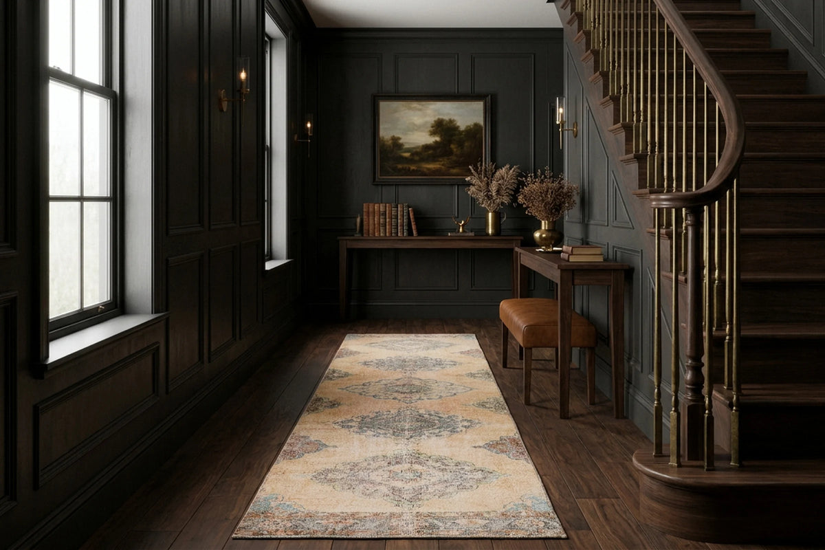 Beige Turkish runner rug in a styled room