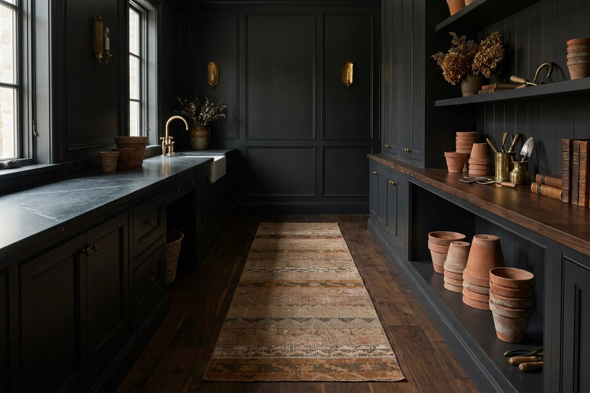 Brown Turkish runner rug in a styled room