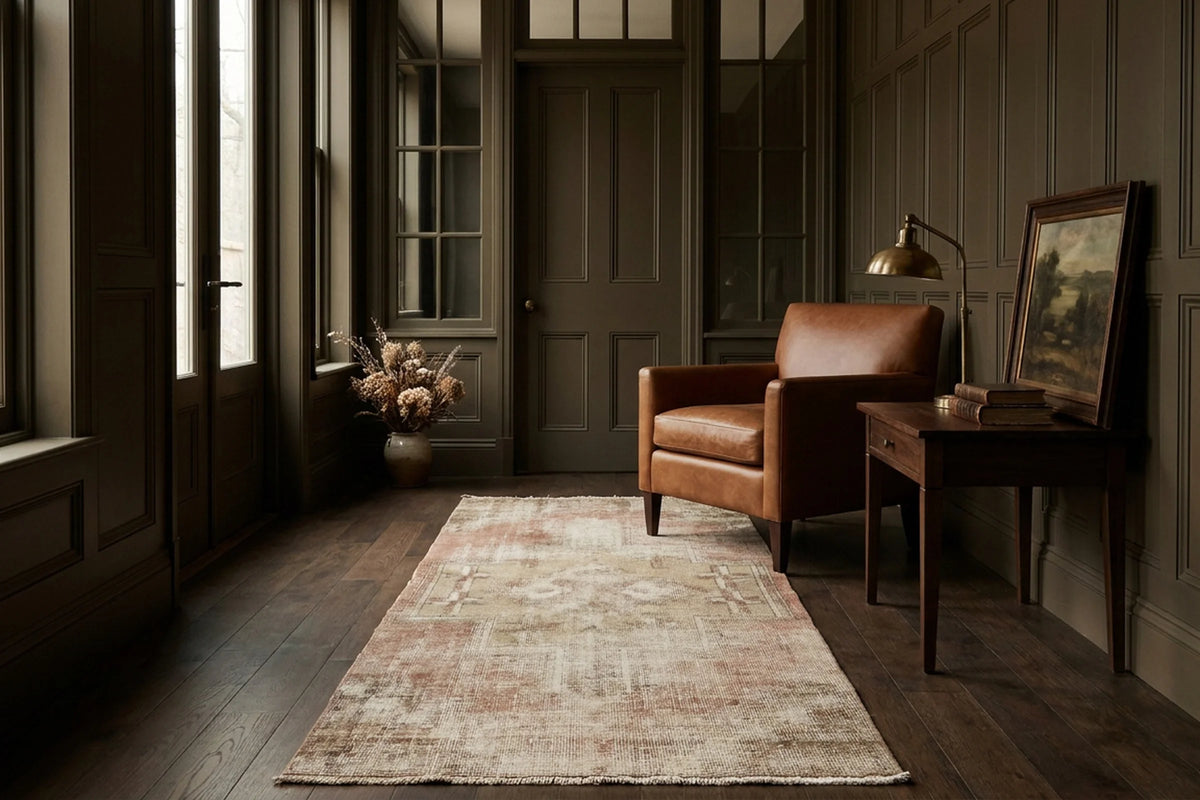 Beige Turkish runner rug in a conservatory
