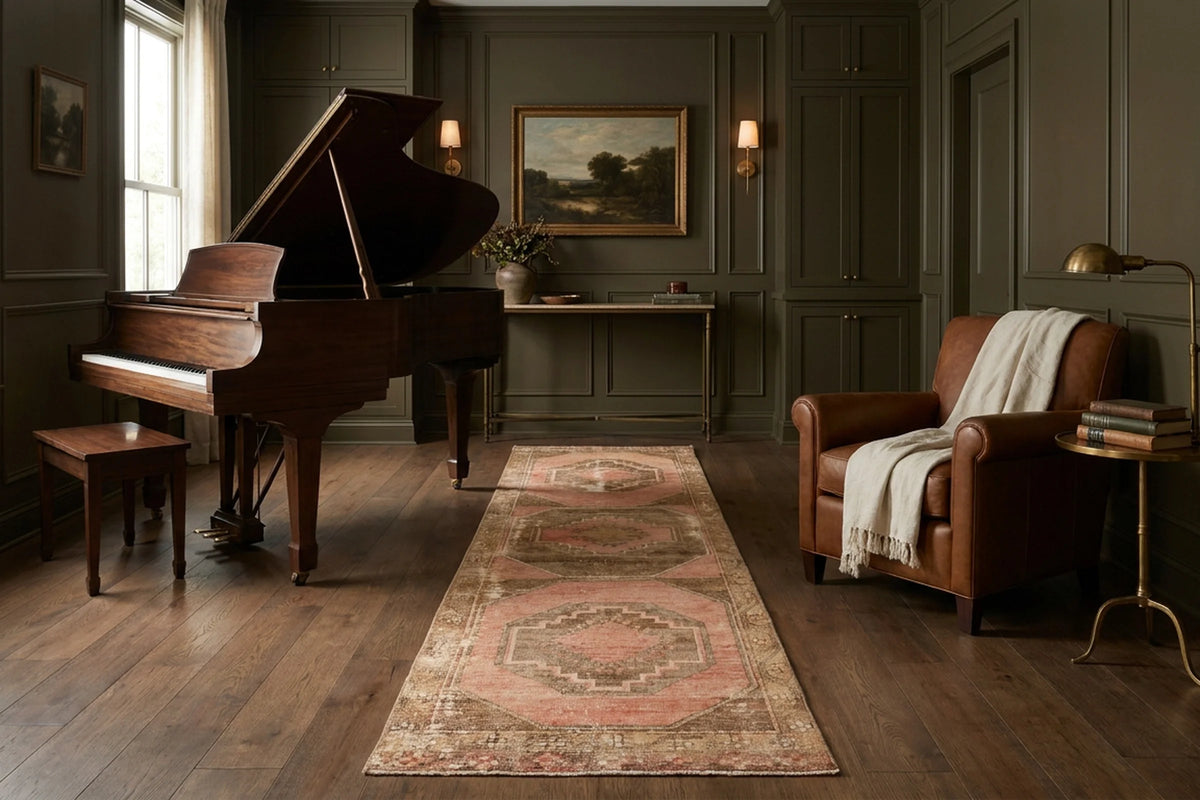 Brown Turkish runner rug in a styled room