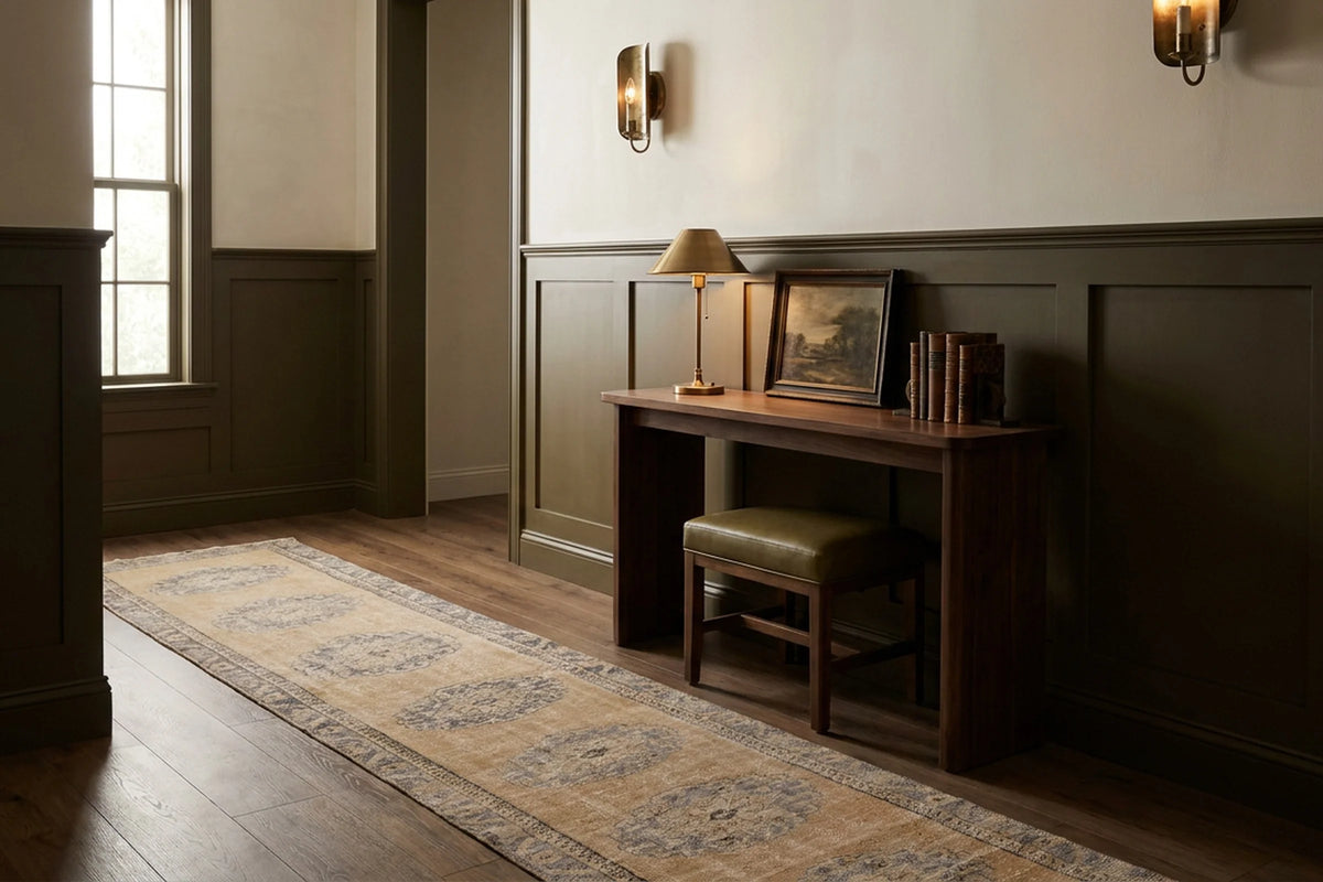 Beige Turkish runner rug in a styled room