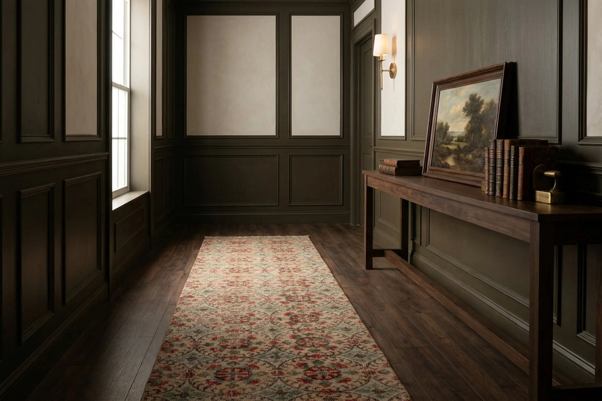 Beige Turkish runner rug in a conservatory