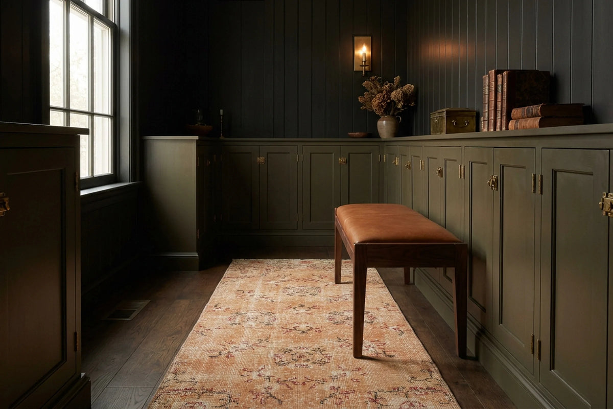 Brown Turkish runner rug in a styled room