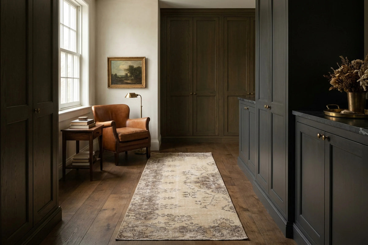 Beige Turkish runner rug in a styled room