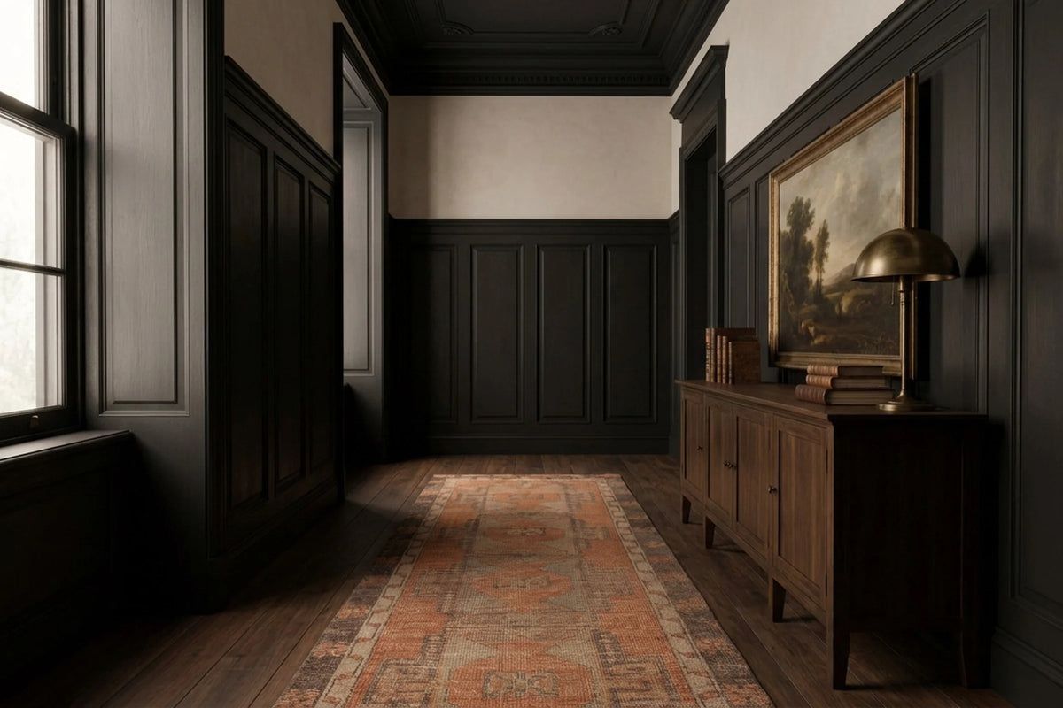 Orange Turkish runner rug in a styled room