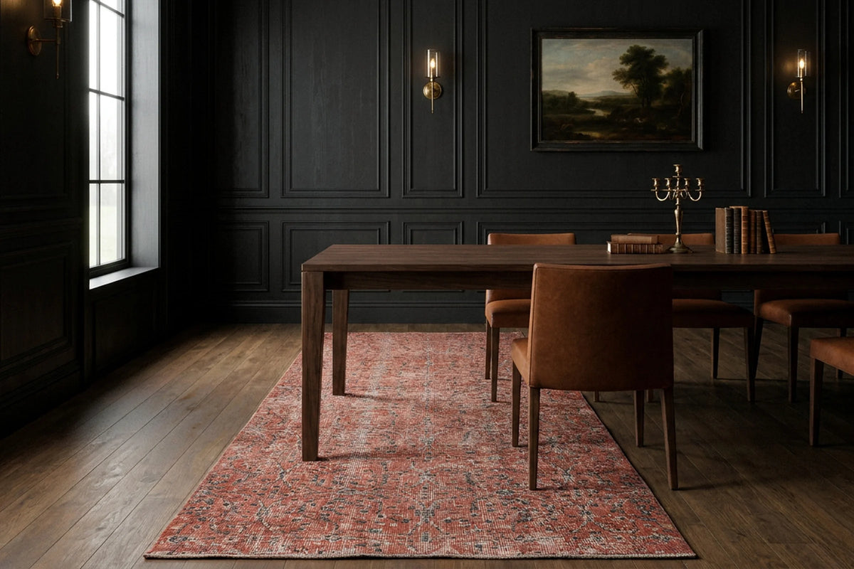 Red Turkish runner rug in a dining room
