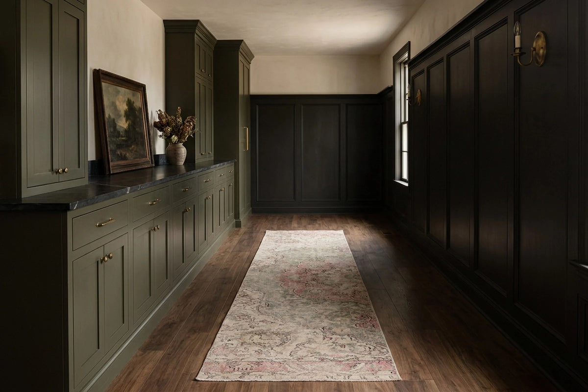 Green Turkish runner rug in a styled room