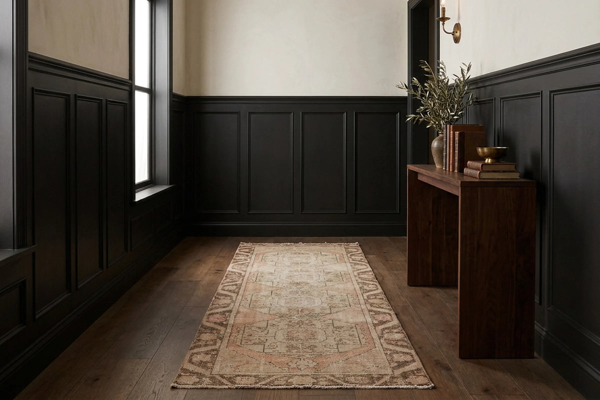 Beige Turkish runner rug in a styled room
