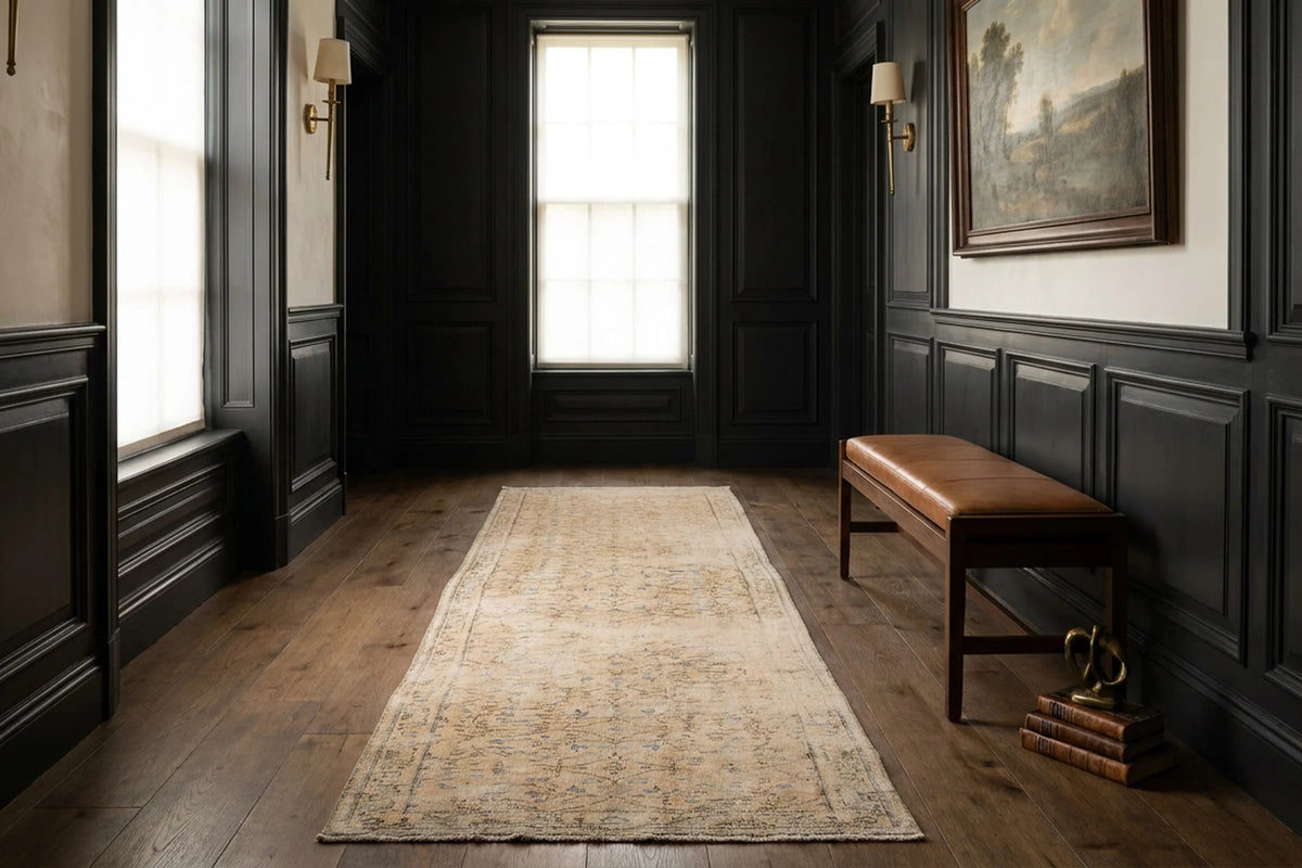 Beige Turkish runner rug in a hallway