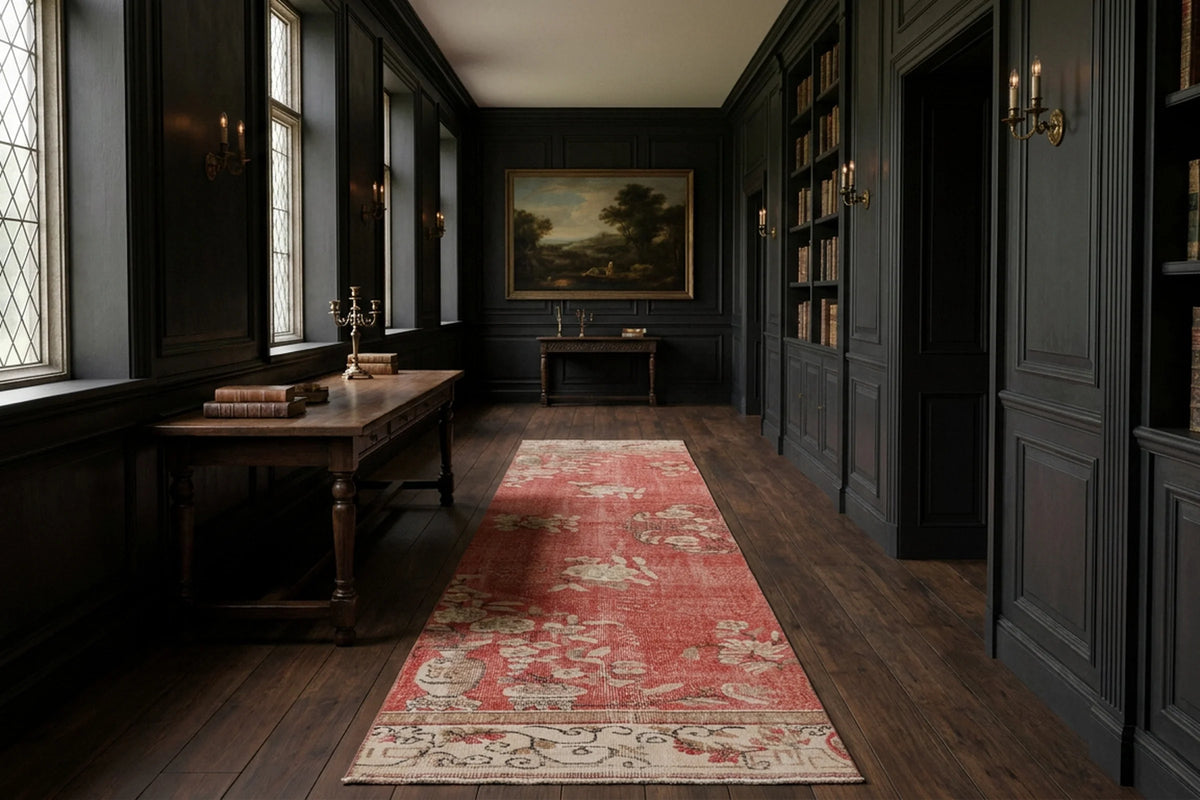 Red Turkish runner rug in a library