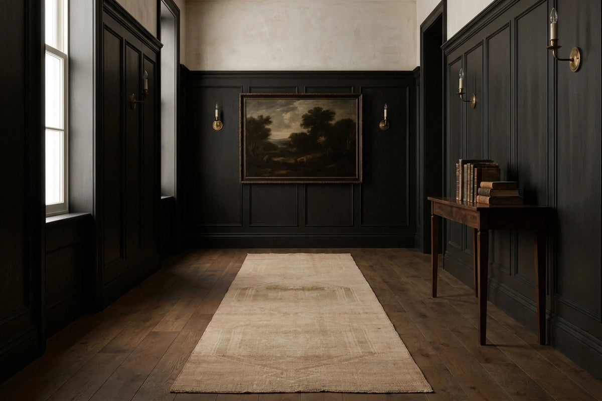 Beige Turkish runner rug in a landing