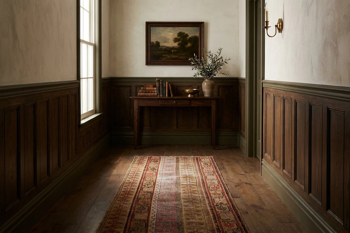 Beige Turkish runner rug in a corridor