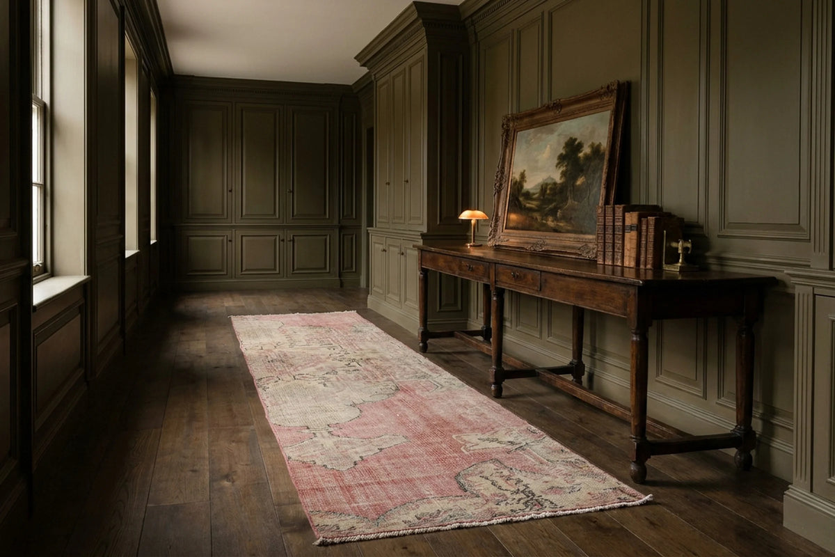 Pink Turkish runner rug in a styled room