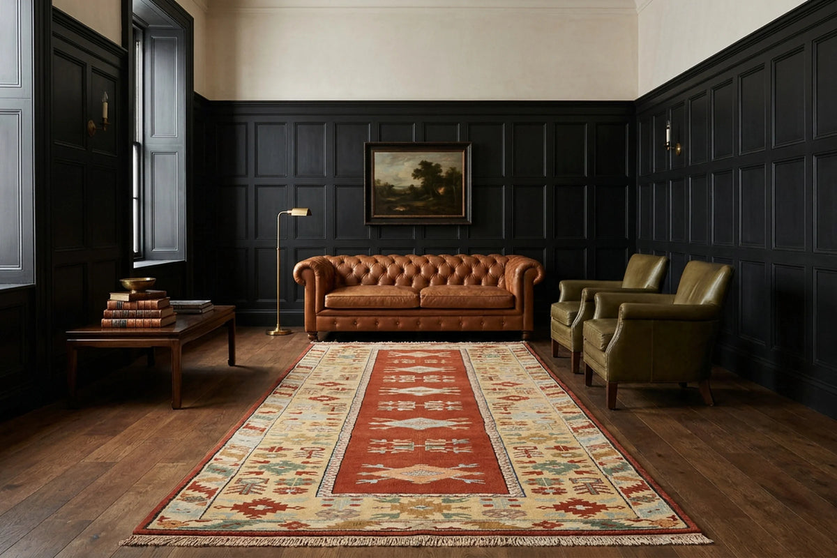 Red Turkish runner rug in a styled room
