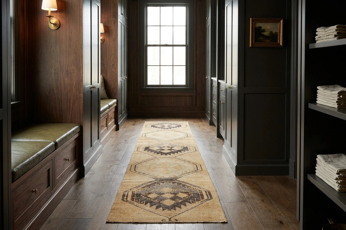 Beige Turkish runner rug in a corridor