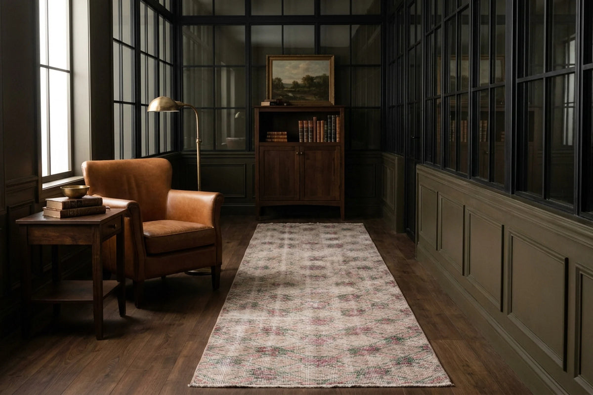 Beige Turkish runner rug in a conservatory