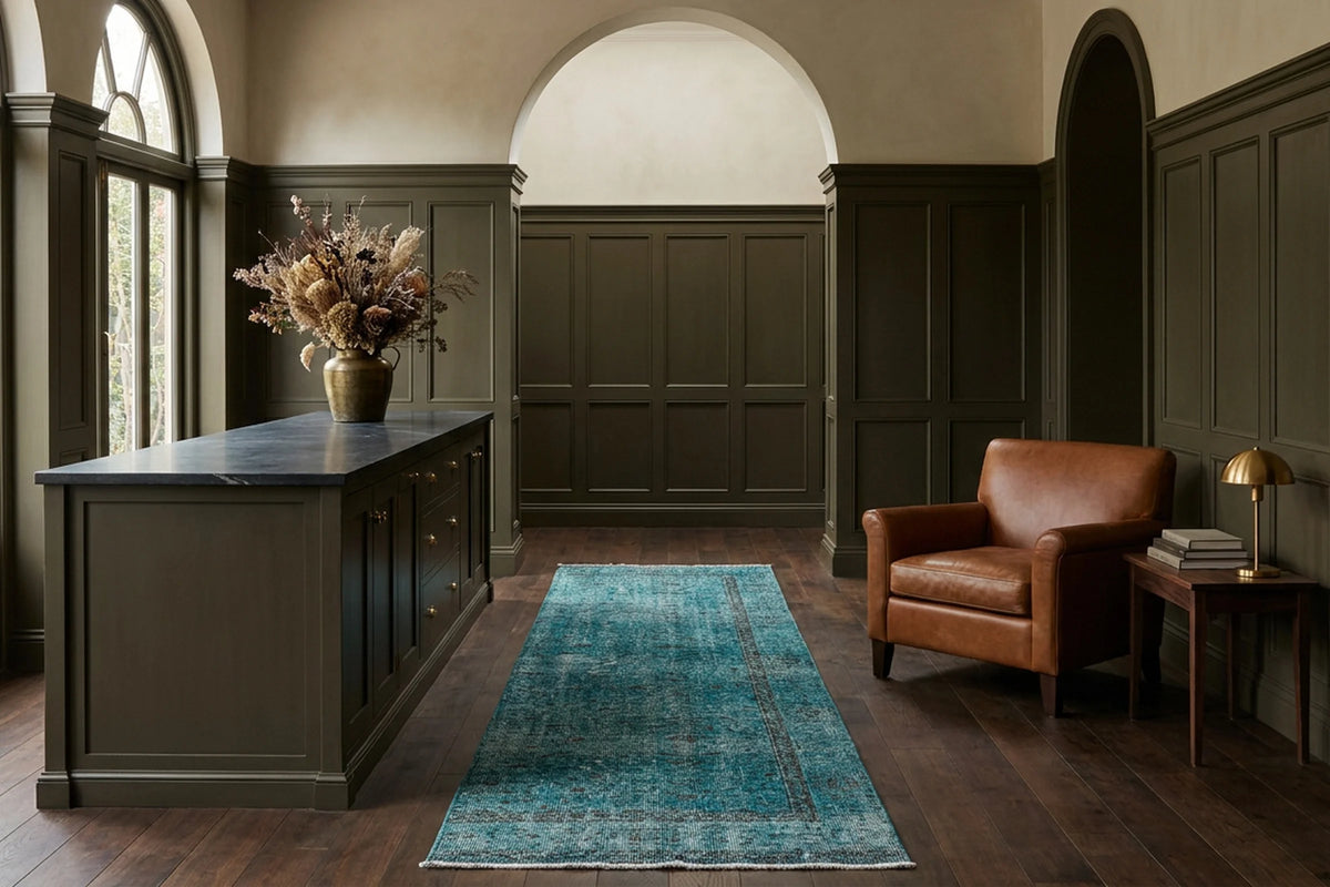 Blue Turkish runner rug in a conservatory