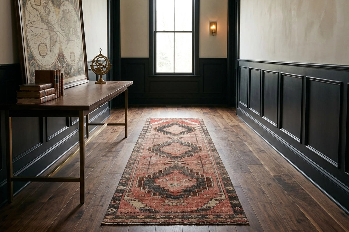 Pink Turkish runner rug in a styled room