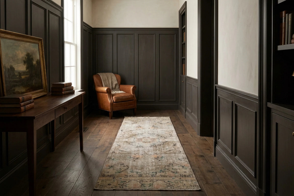 Gray Turkish runner rug in a corridor