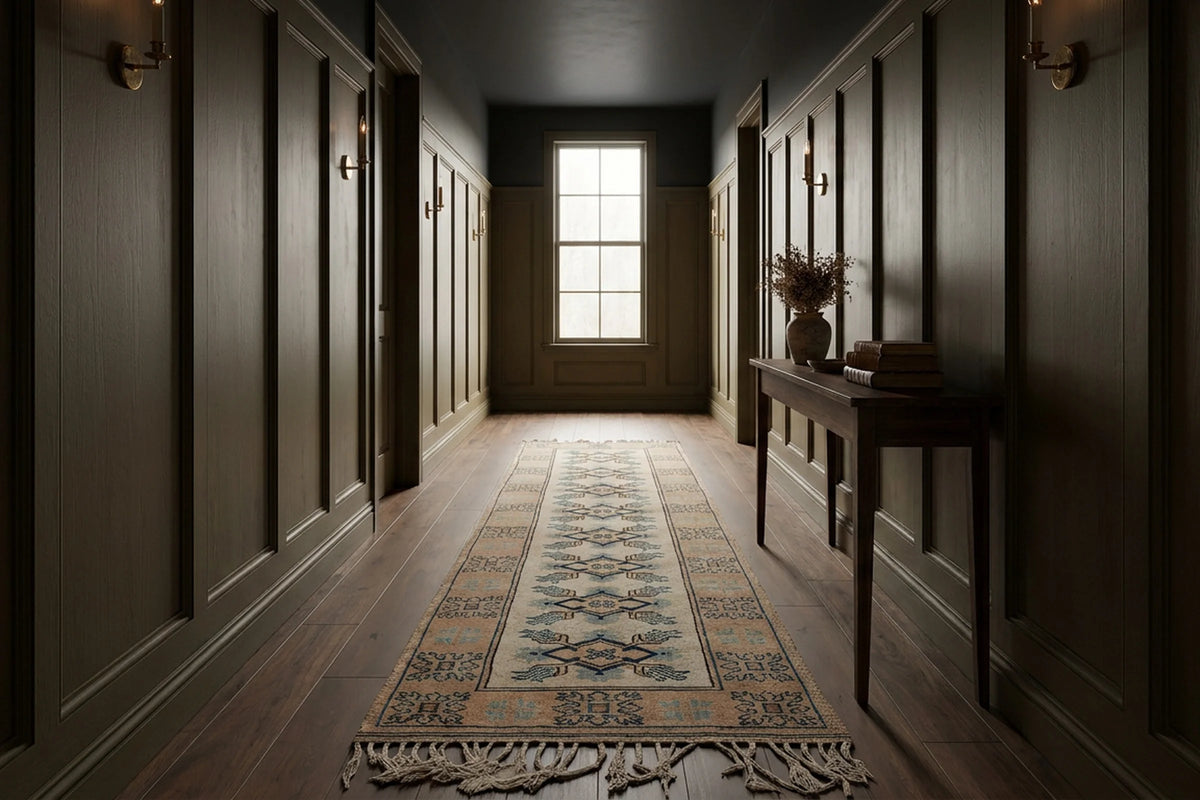 Beige Turkish runner rug in a styled room