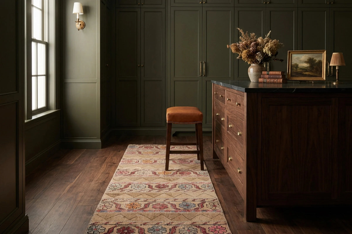 Beige Turkish runner rug in a styled room