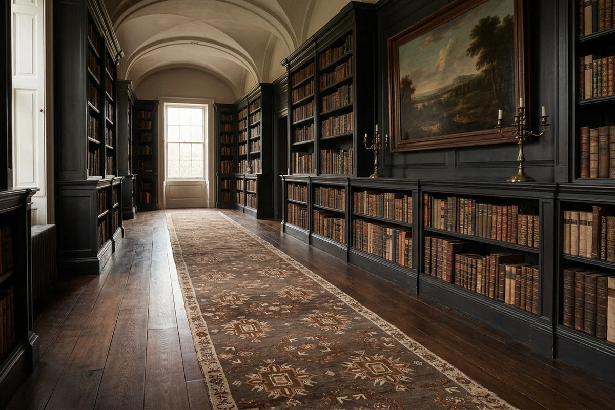 Brown Turkish runner rug in a library