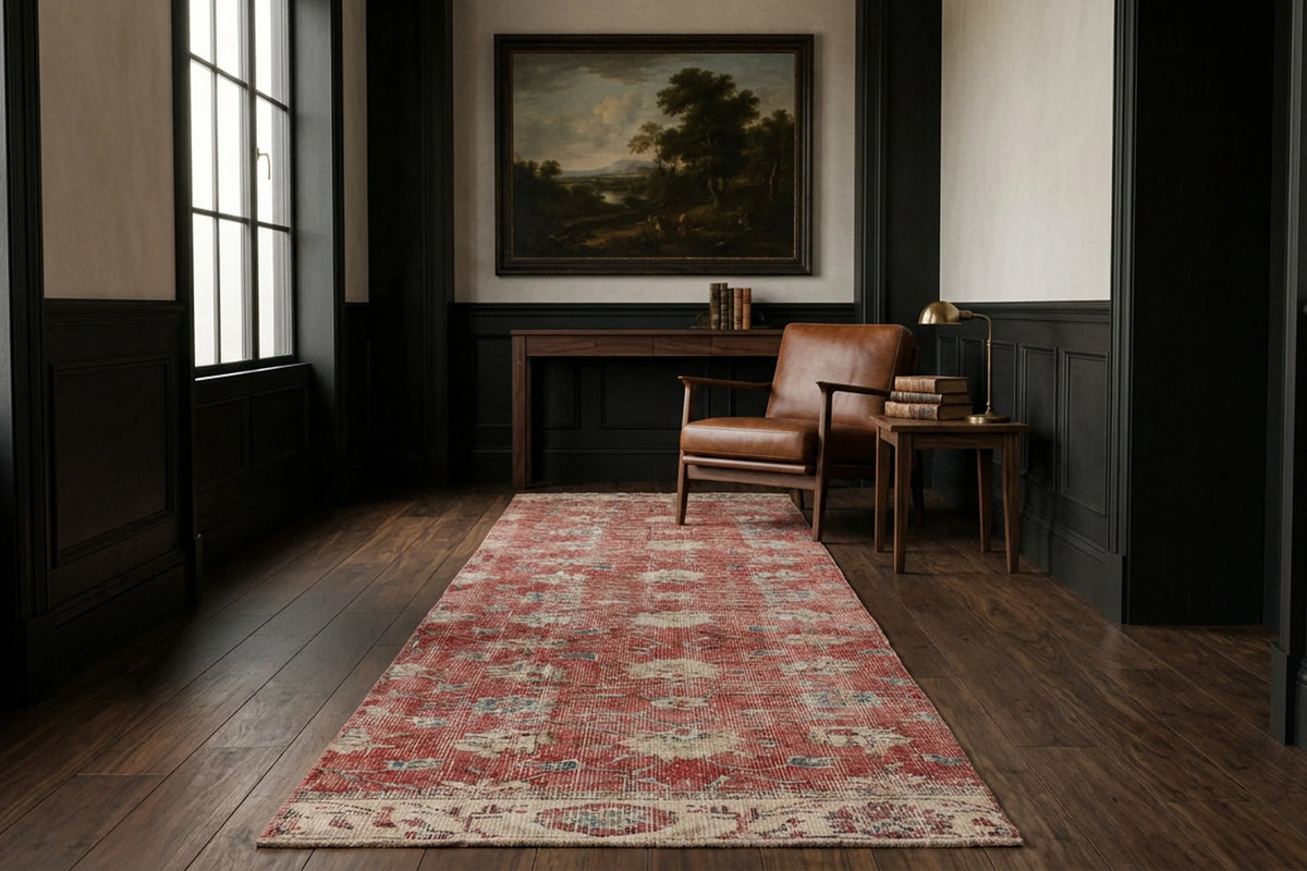 Red Turkish runner rug in a styled room
