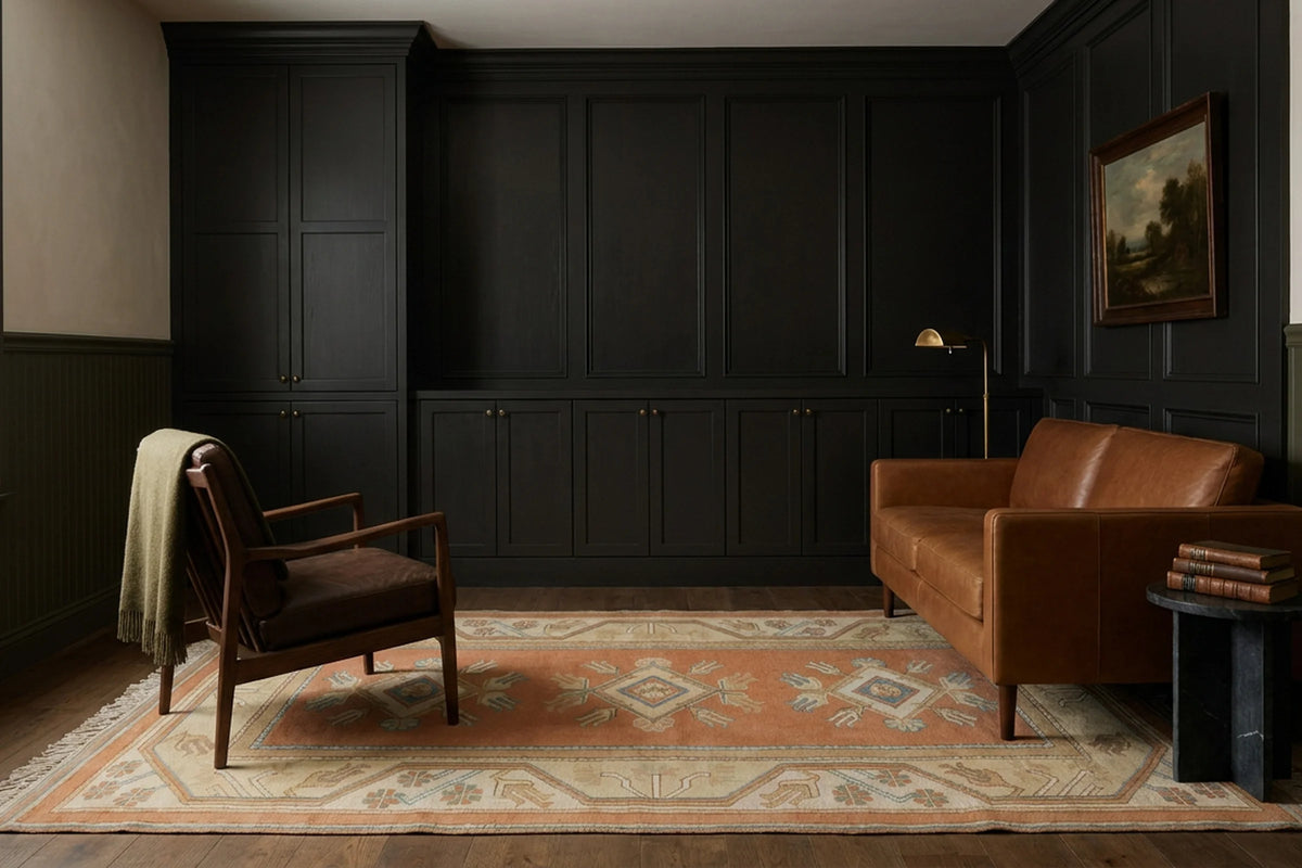 Orange Turkish runner rug in a den