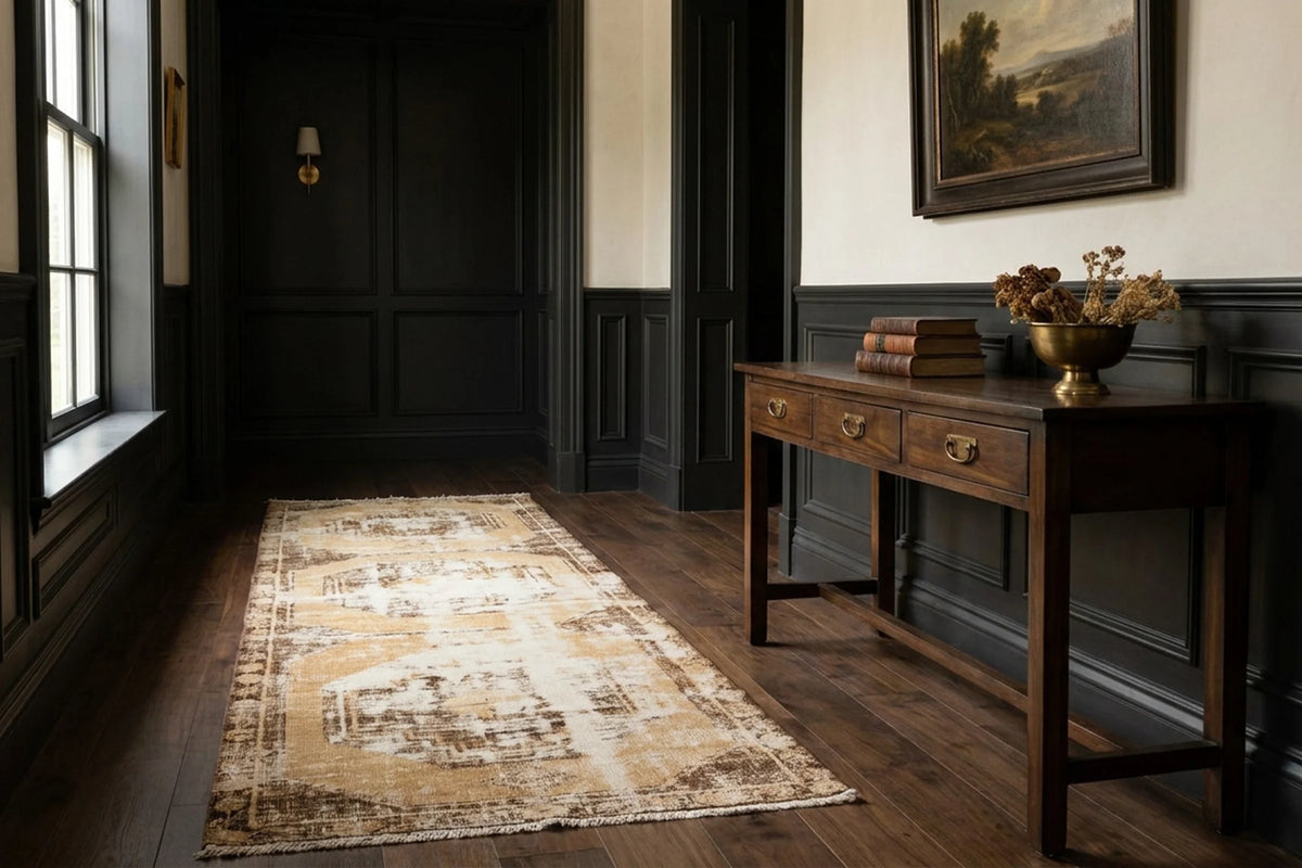 Beige Turkish runner rug in an entryway